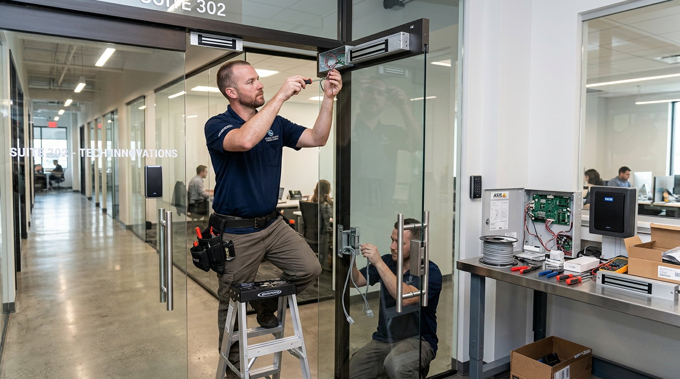 Access control system installation with magnetic locks at office building