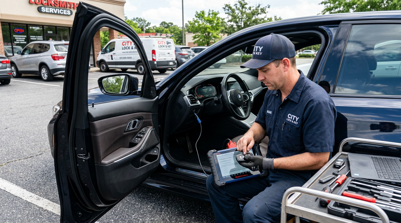 Automotive locksmith programming car key fob near sedan in Los Angeles