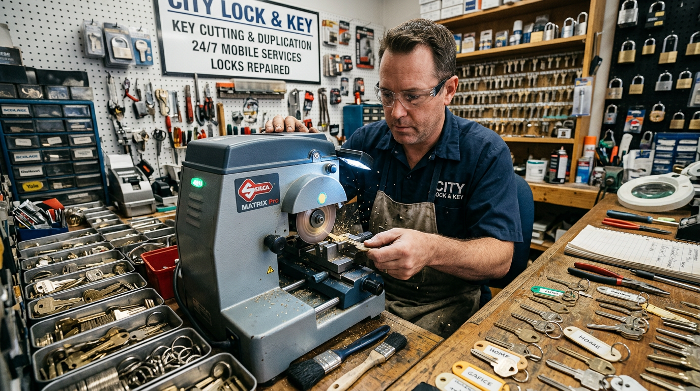 Professional key cutting and duplication on precision machine at locksmith shop