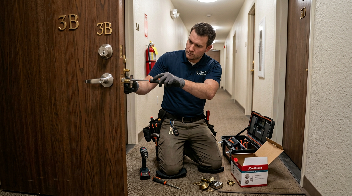 Locksmith changing lock hardware on apartment door in Los Angeles