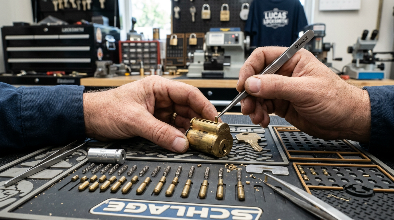 Locksmith rekeying lock cylinder with precision tools in Los Angeles