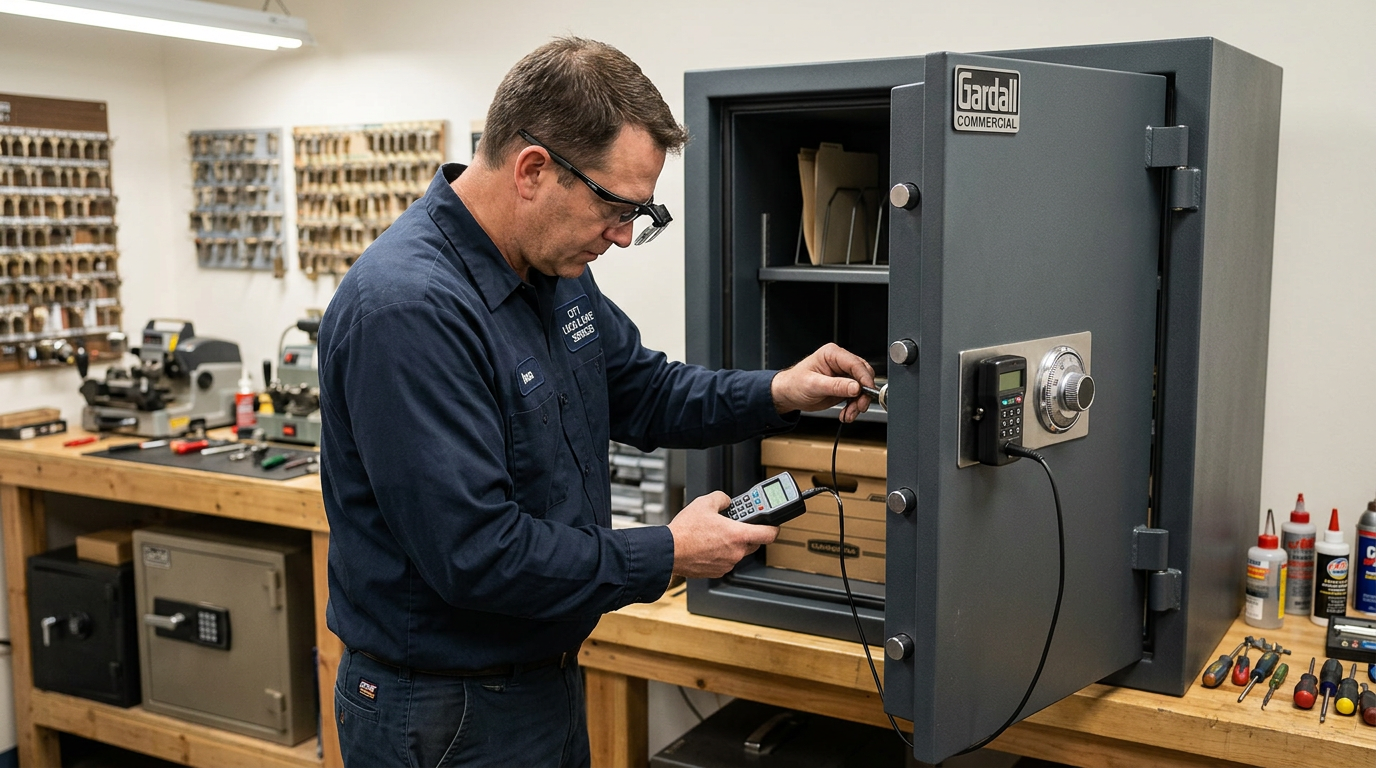 Locksmith working on commercial safe with electronic cracking tools