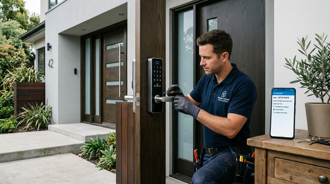 Smart lock with touchscreen keypad being installed on modern home in Los Angeles